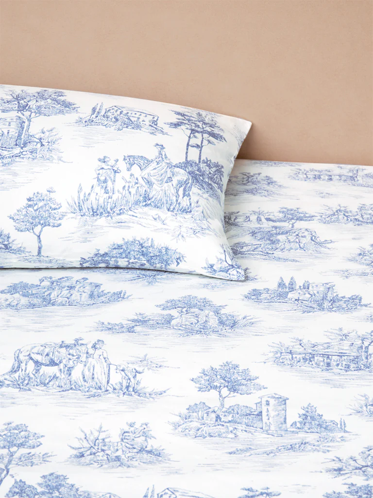 Westside Home Blue Toile Printed Queen Bed Sheet Set - Image 2