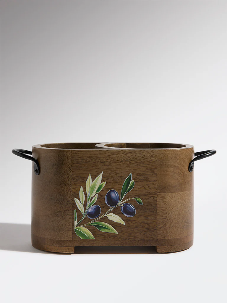 Westside Home Brown Floral Wooden Oval Caddy - Image 2