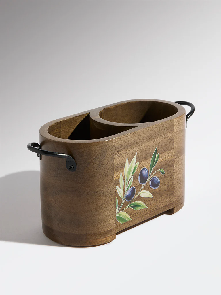 Westside Home Brown Floral Wooden Oval Caddy - Image 3