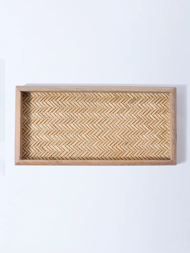 Westside Home Brown Rattan Woven Wooden Serving Tray