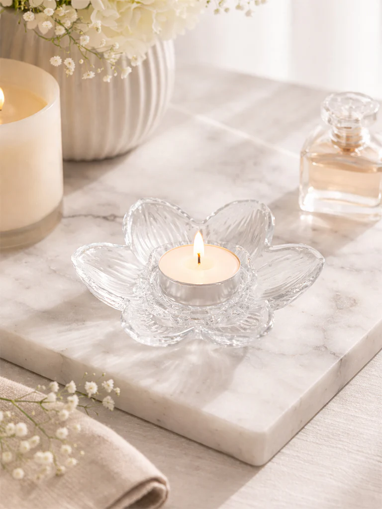 Westside Home Clear Glass Flower Tealight Candle Holder