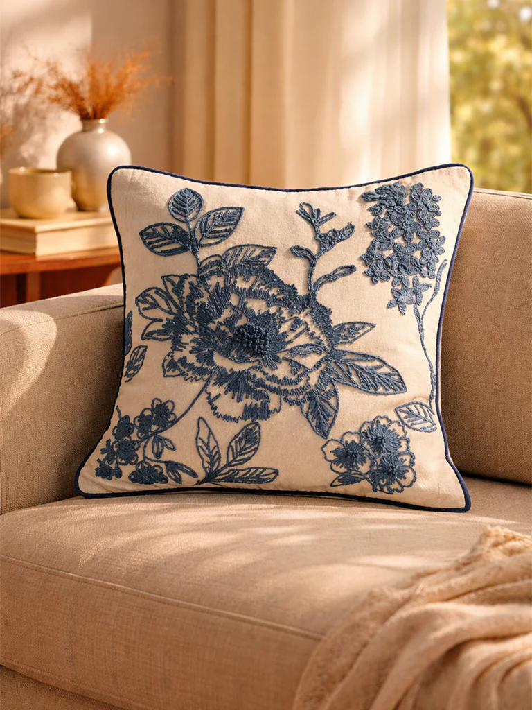 Westside Home Dark Blue Floral Embroidered Cushion Cover