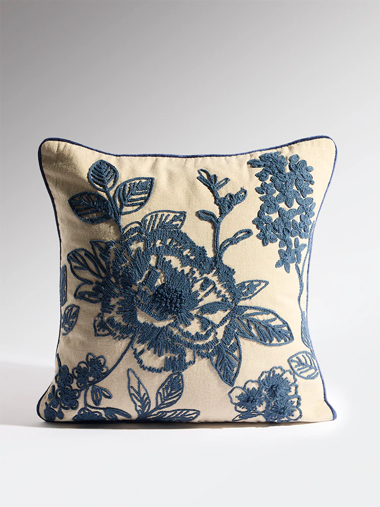 Westside Home Dark Blue Floral Embroidered Cushion Cover - Image 2