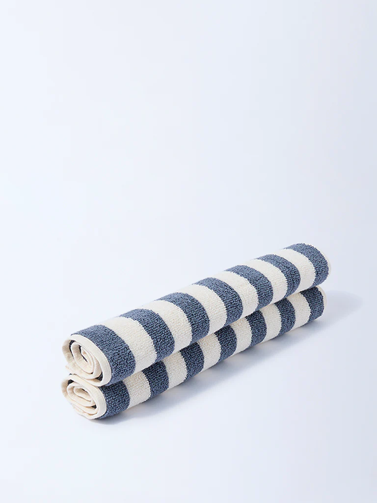 Westside Home Dusty Blue Stripe Pattern Face Towels (Set of 2) - Image 2