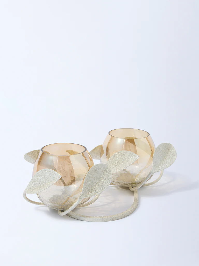 Westside Home Gold Double Leaf Design Tealight Candle Holder - Image 2