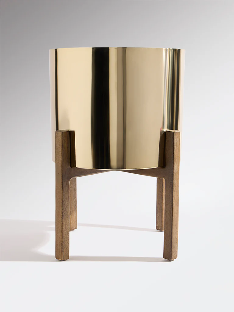 Westside Home Gold Metal Pot on Wooden Stand - Large - Image 2