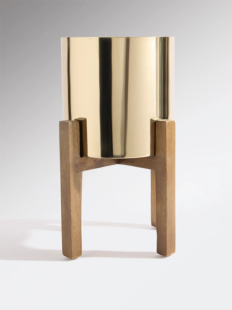 Westside Home Gold Metal Pot on Wooden Stand - Medium - Image 2