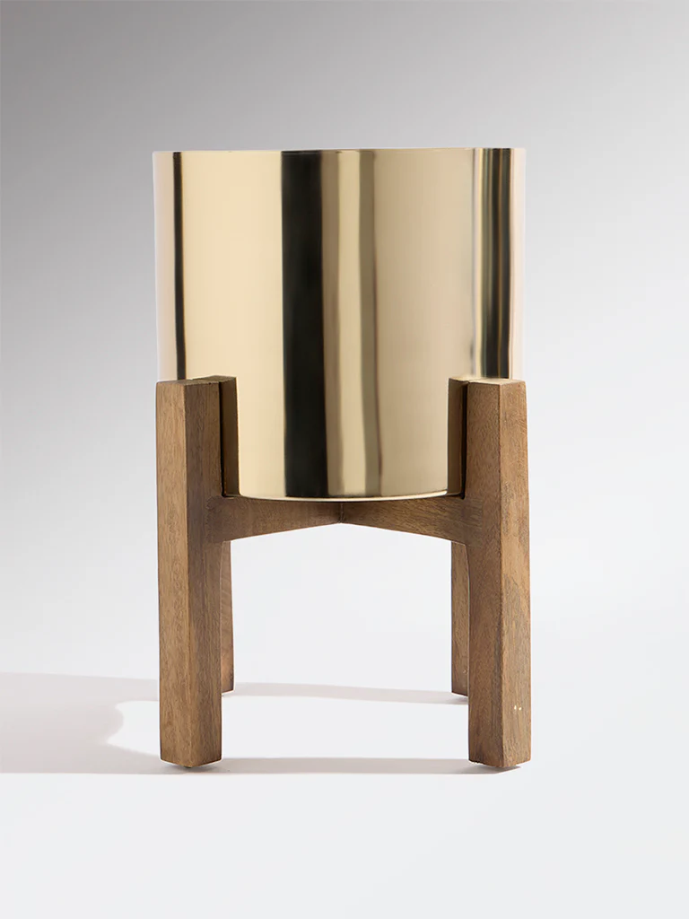 Westside Home Gold Metal Pot on Wooden Stand - Small - Image 2