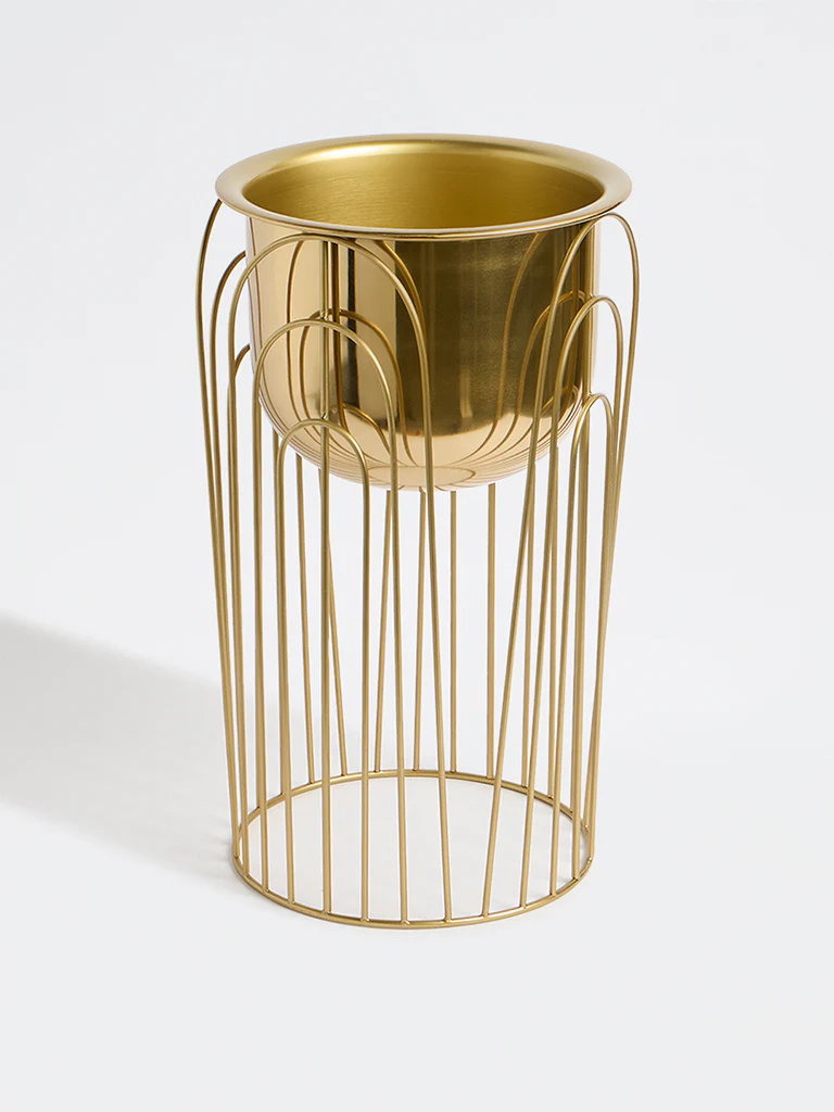 Westside Home Gold Scallop Cage Metal Planter with Stand - Image 2