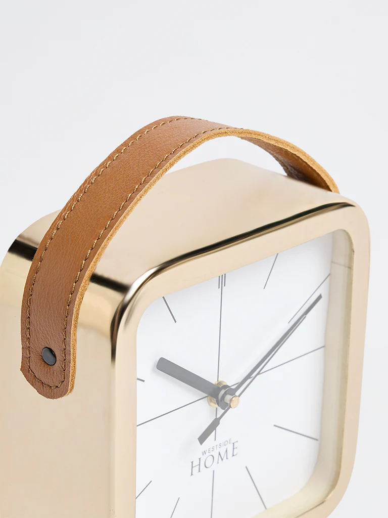 Westside Home Gold Square Clock with Leather Handle - Image 3