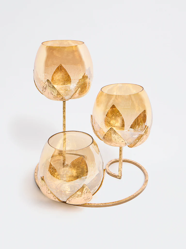Westside Home Gold Triple Lotus Candle Stand - Image 2
