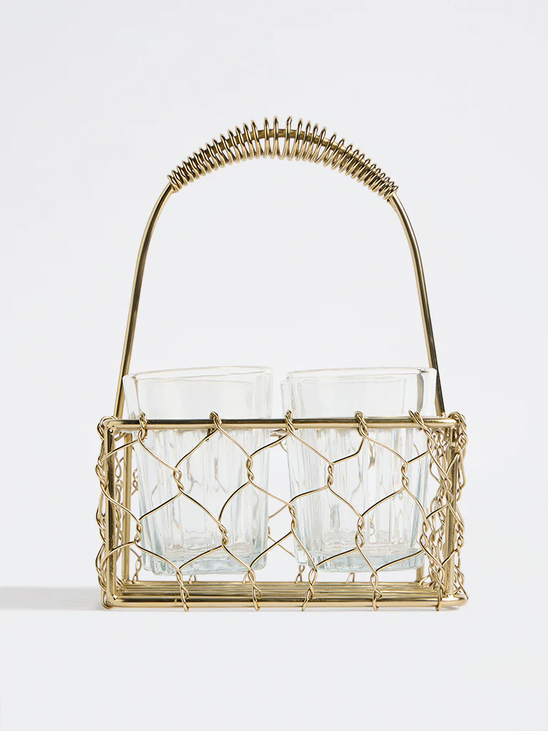Westside Home Gold Wired Chai Caddy with Glasses - (Set of 4)