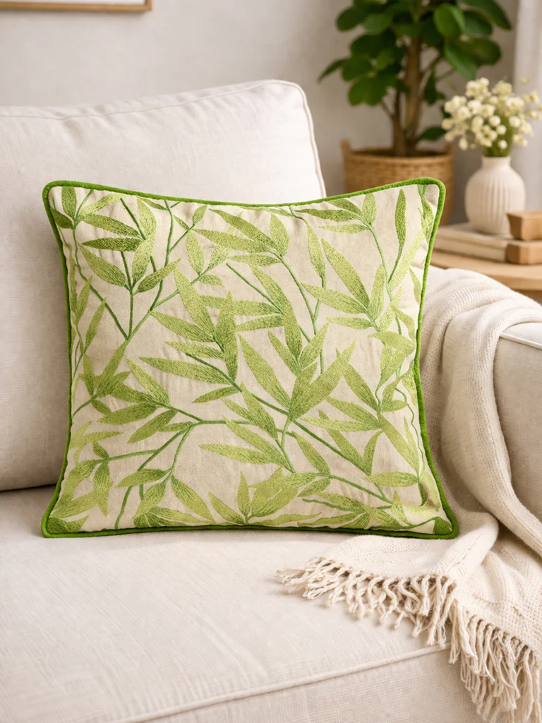 Westside Home Green Botanical Embroidered Cushion Cover