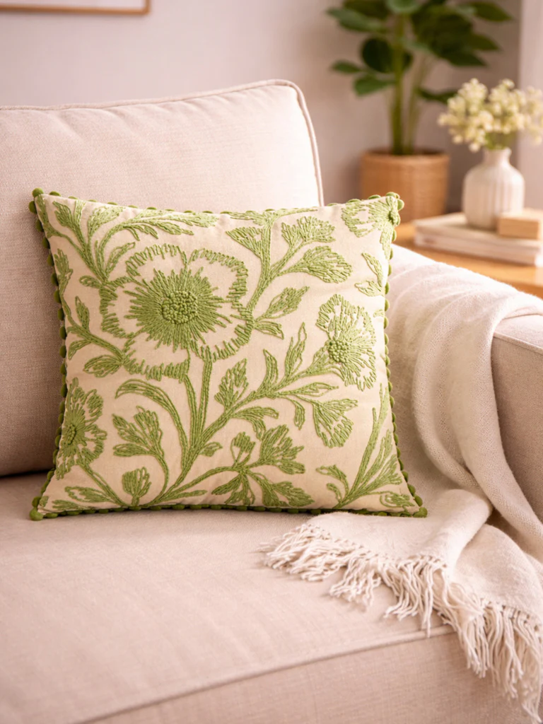 Westside Home Green Floral Embroidered Cushion Cover
