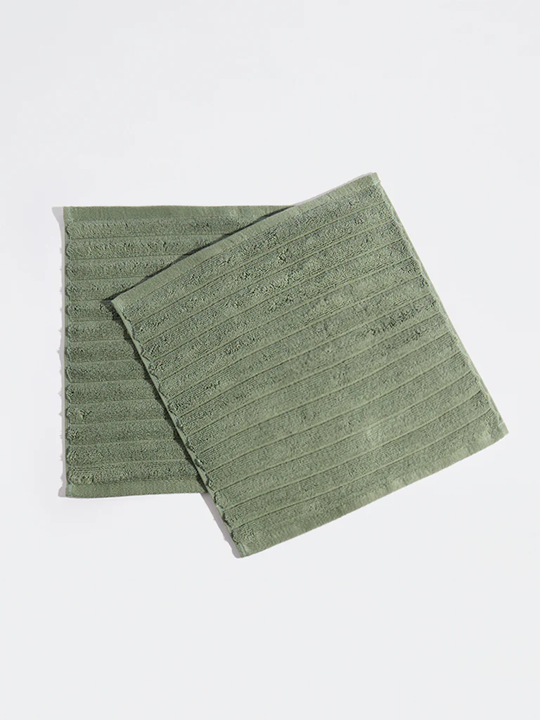 Westside Home Green Self-Striped Face Towel (Set of 2) - Image 2