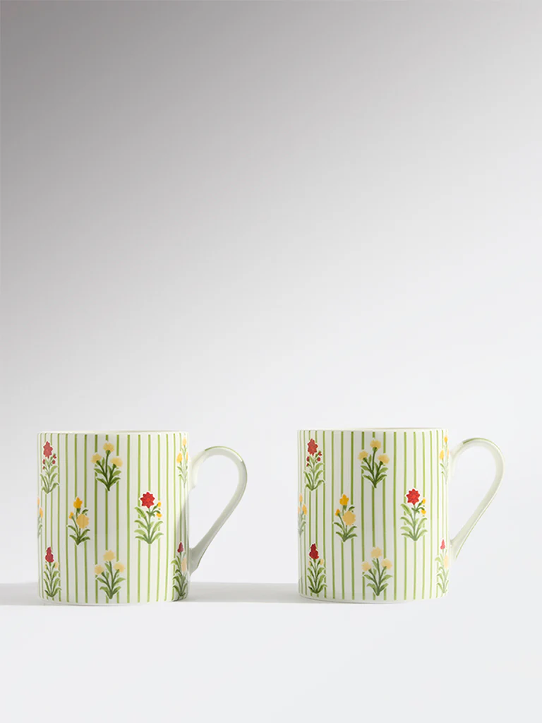 Westside Home Green Stripe Printed Mugs (Set of 2)