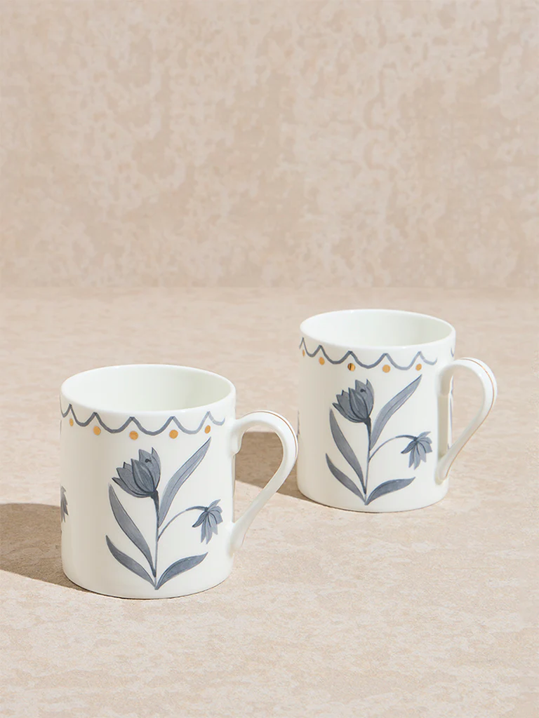 Westside Home Grey Floral Design Mugs (Set of 2)
