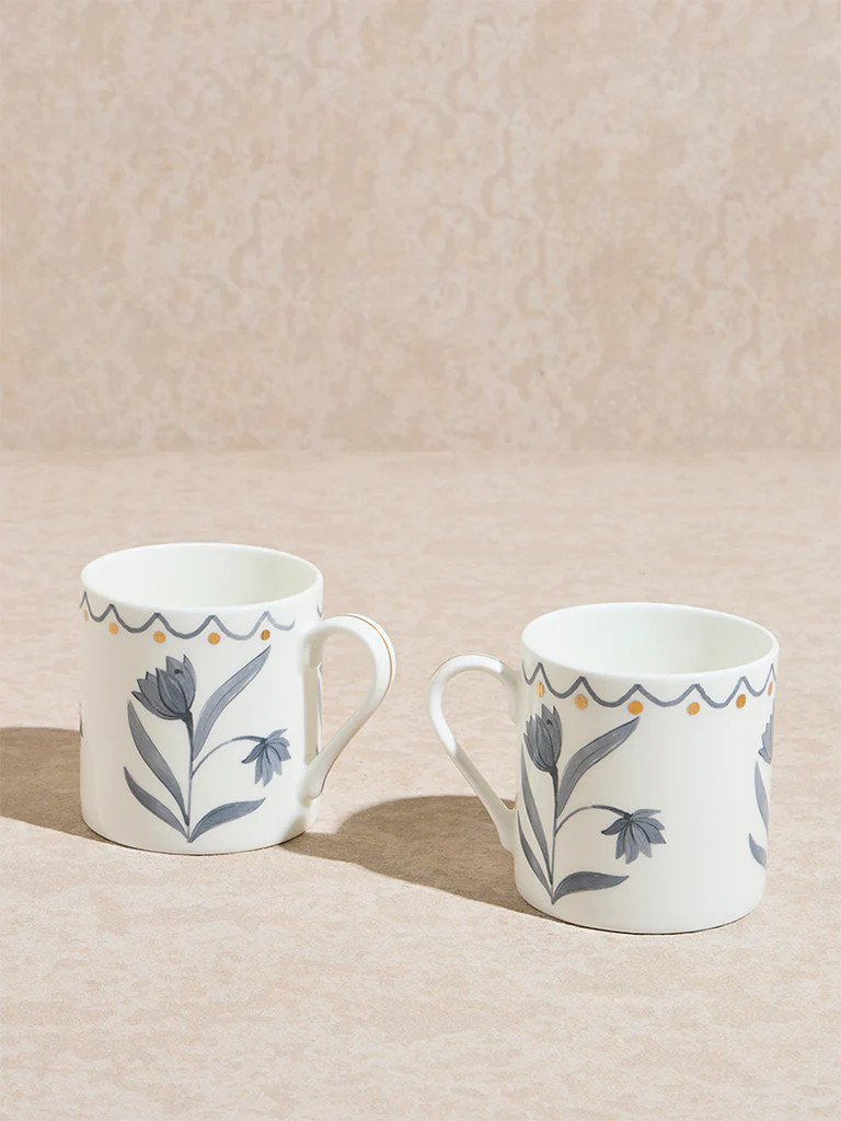 Westside Home Grey Floral Design Mugs (Set of 2) - Image 2