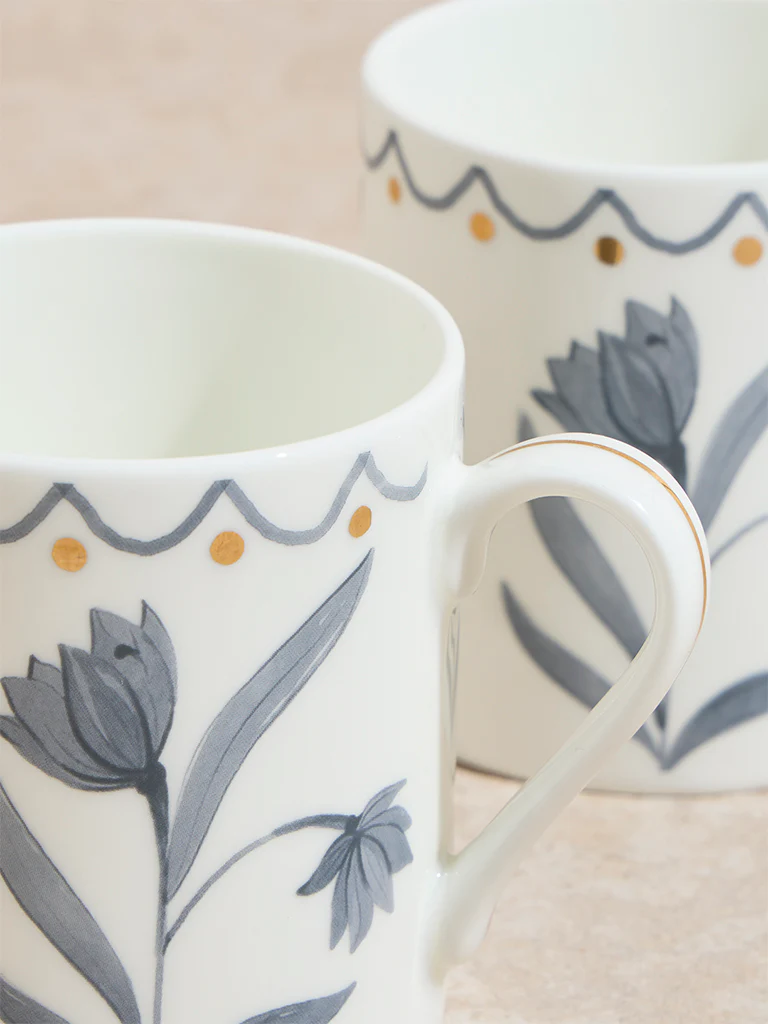 Westside Home Grey Floral Design Mugs (Set of 2) - Image 3