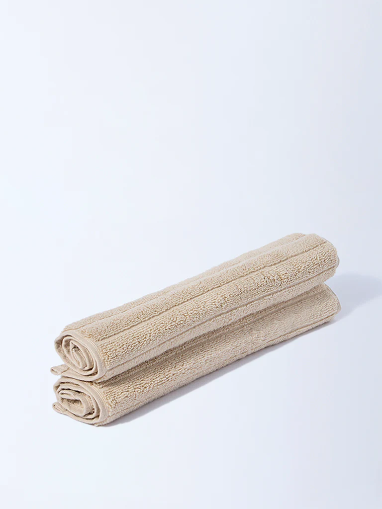 Westside Home Light Brown Self-Striped Face Towel (Set of 2) - Image 2
