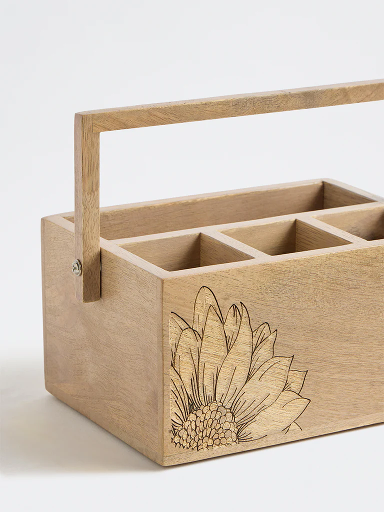 Westside Home Light Brown Sunflower Design Wooden Caddy - Image 4