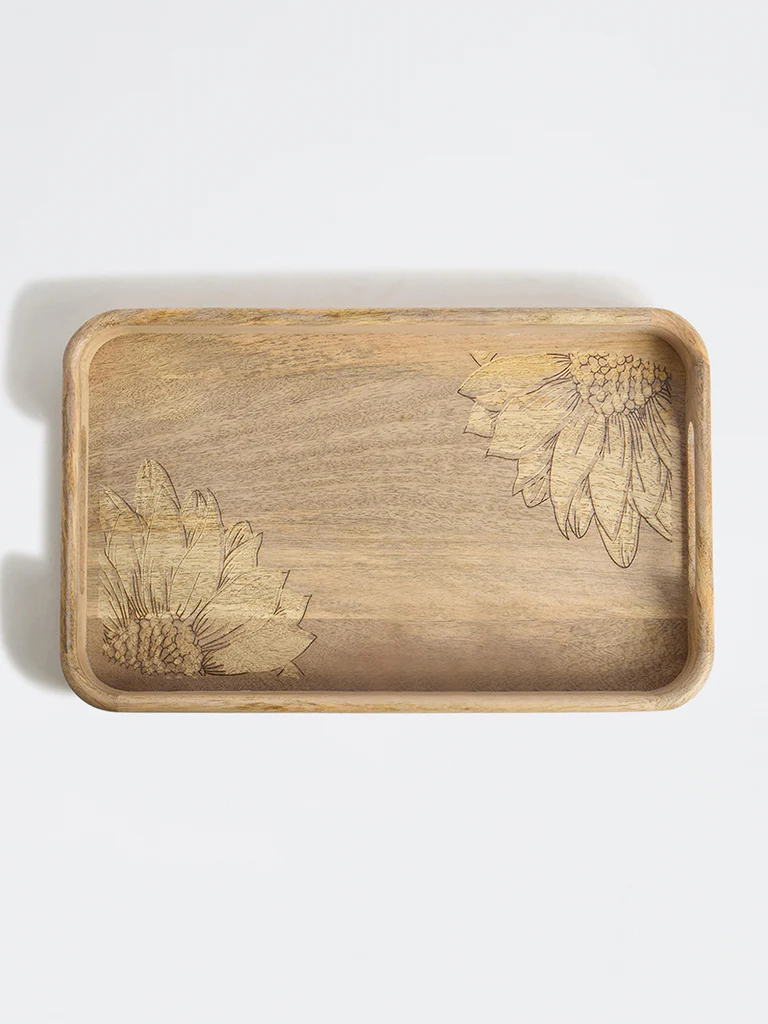 Westside Home Light Brown Sunflower Design Wooden Tray - Image 2