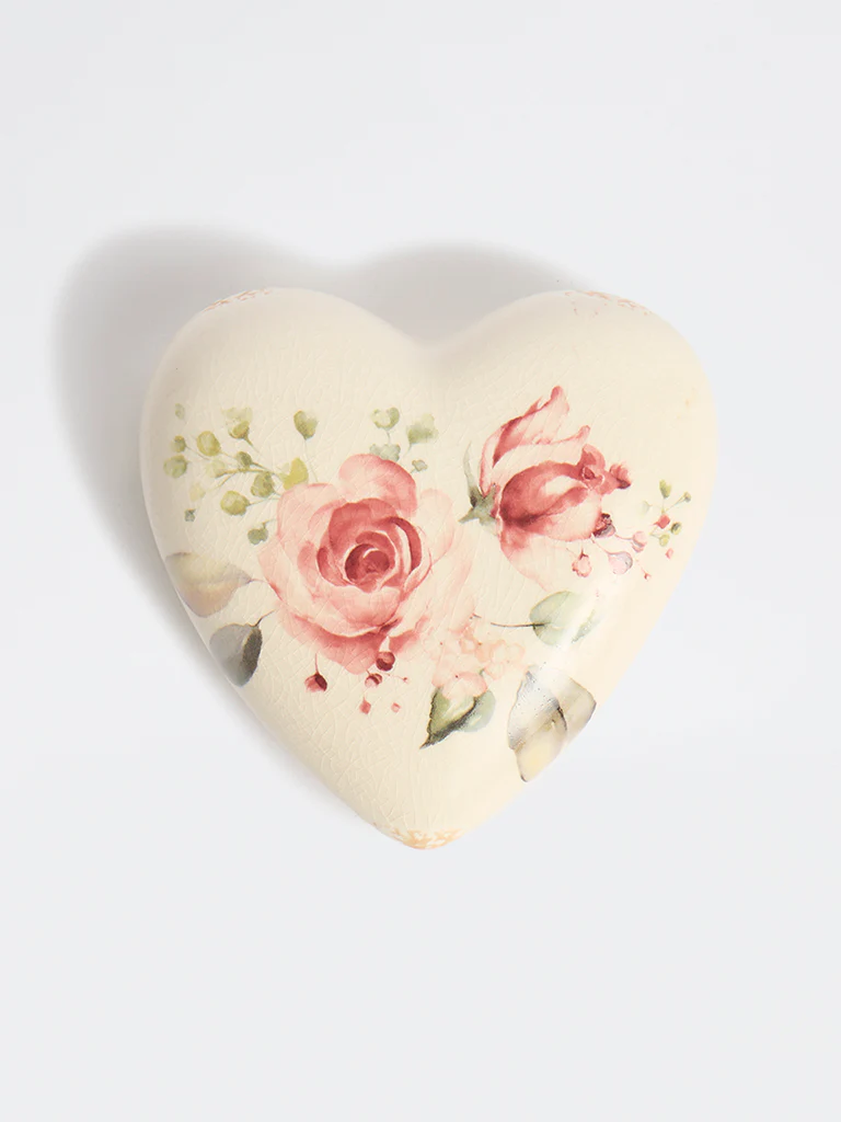 Westside Home Off-White Ceramic Floral Pattern Heart Decorative Object