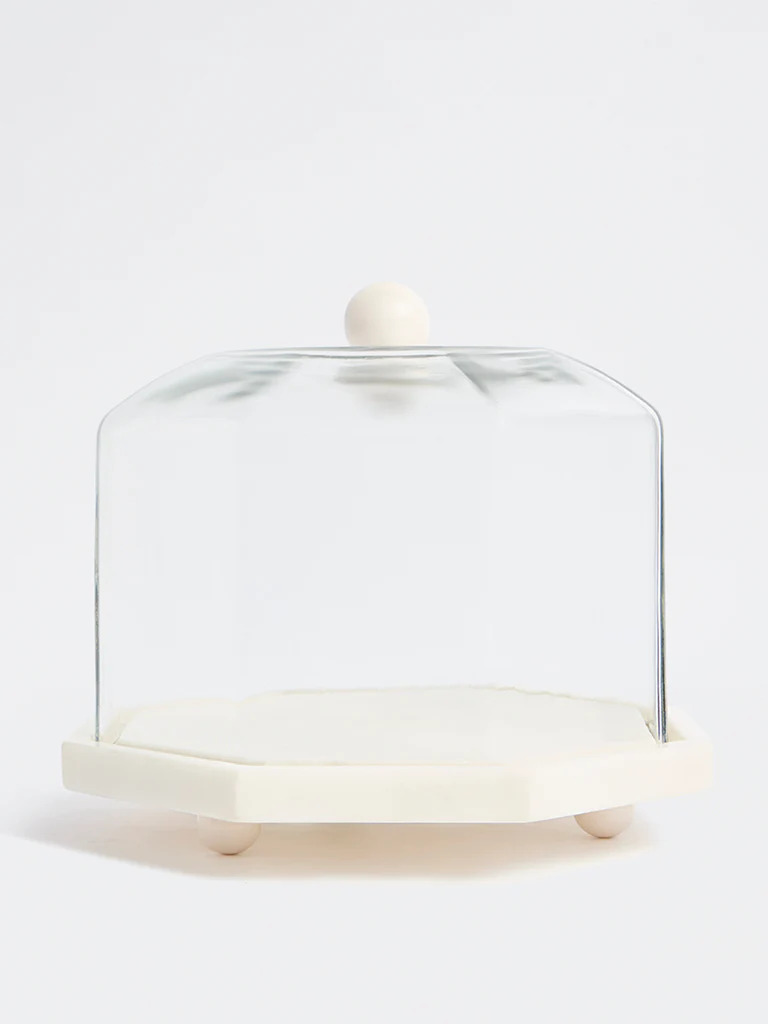 Westside Home Off-White Hexagonal Marble Cloche with Glass