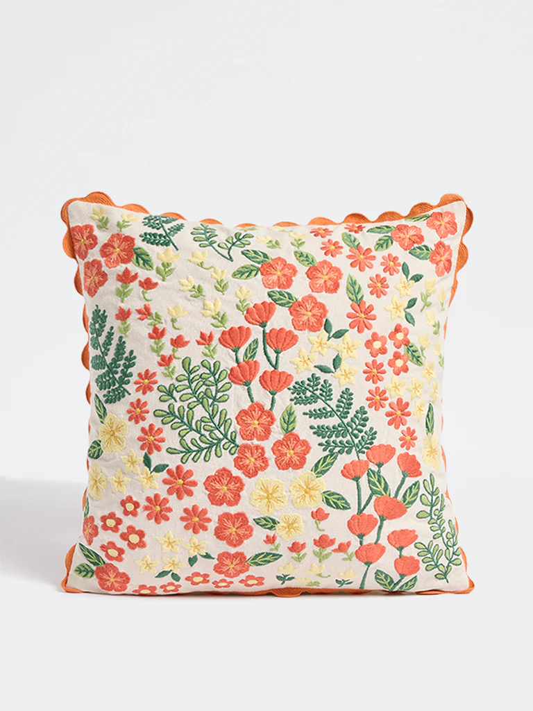 Westside Home Orange Floral Embroidered Cushion Cover