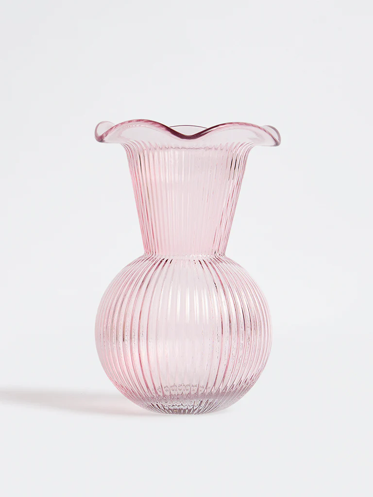 Westside Home Pink Frilled Ribbed-Textured Glass Vase
