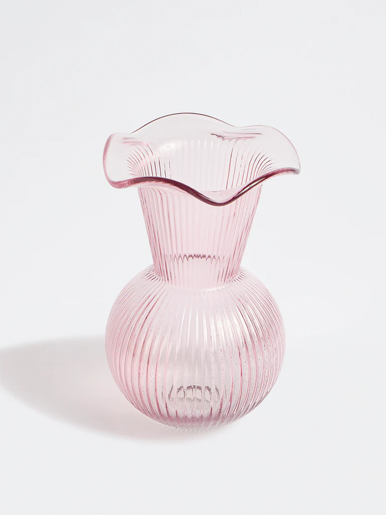 Westside Home Pink Frilled Ribbed-Textured Glass Vase - Image 2