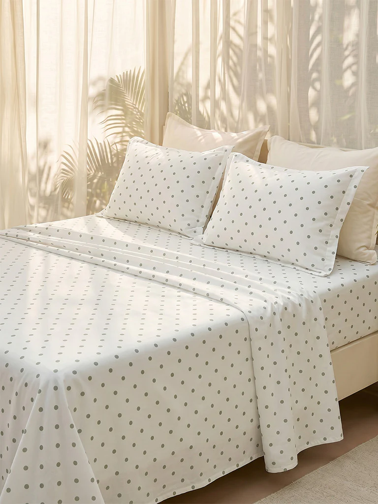 Westside Home Sage Polka Dot Printed Fitted Queen Bed Sheet Set