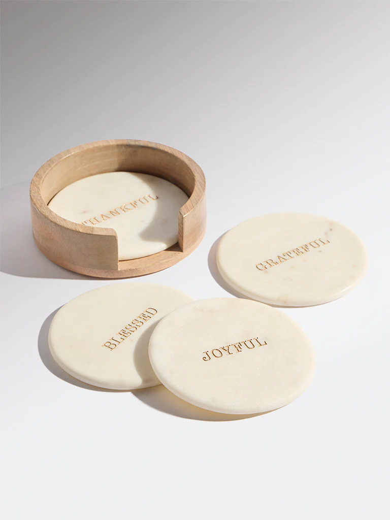 Westside Home White Typographic Marble Coaster with Wooden Holder (Set of 4) - Image 4