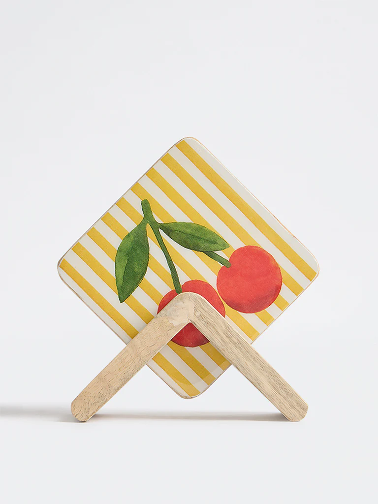 Westside Home Yellow and Red Cherry Printed Coasters with Stand - Set of 4