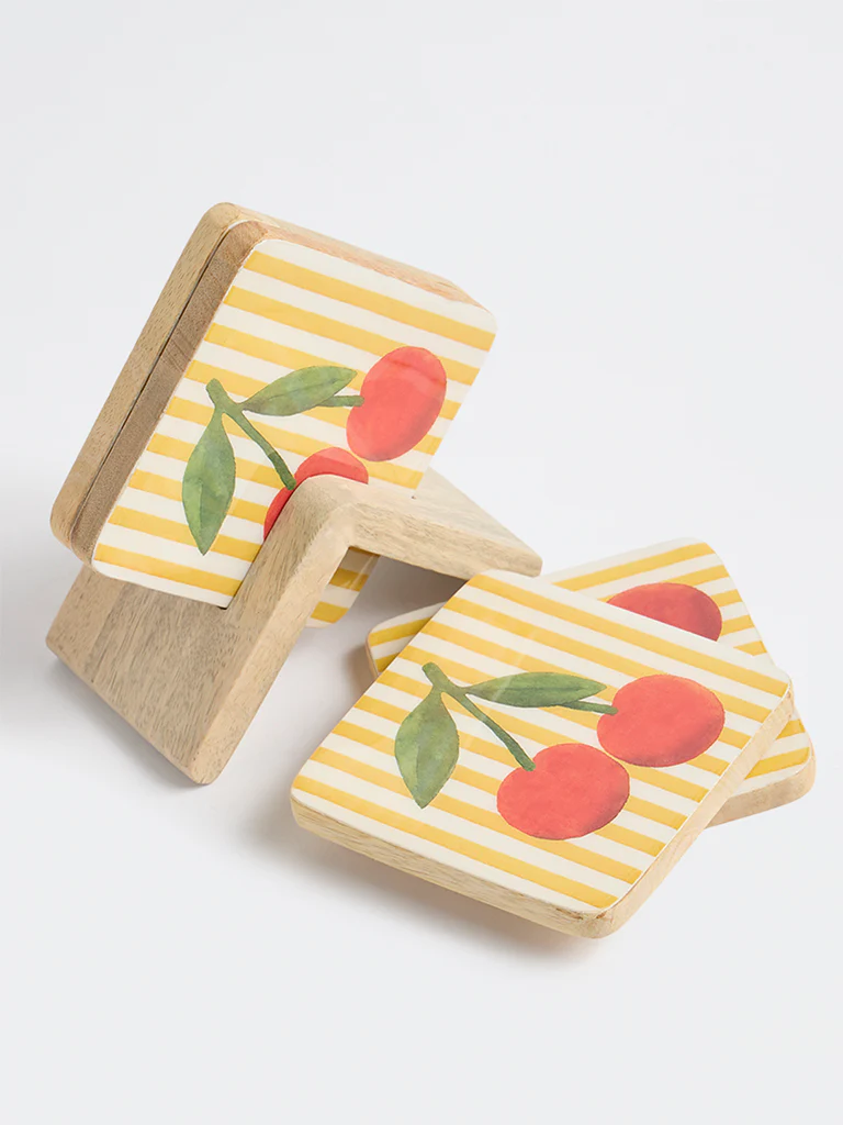 Westside Home Yellow and Red Cherry Printed Coasters with Stand - Set of 4 - Image 3