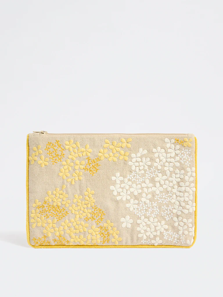Westside Home Yellow Beige Embroidered Pouch