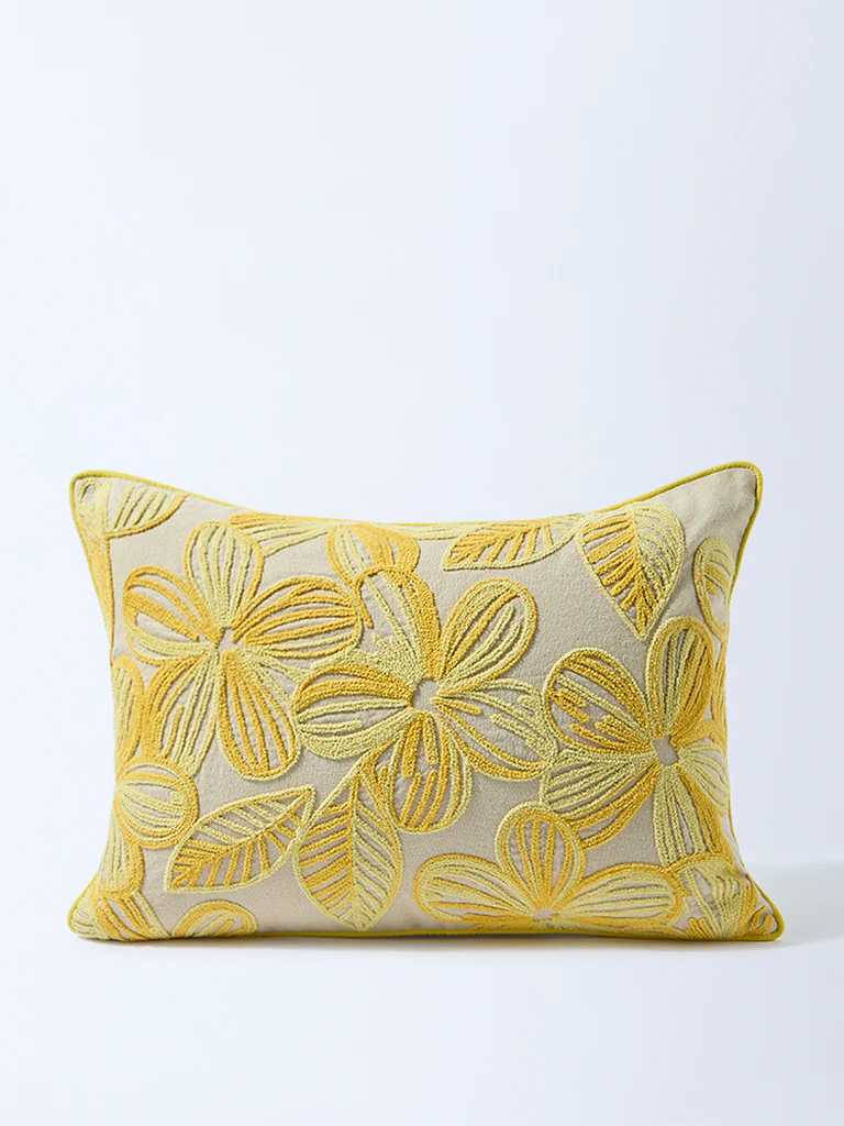 Westside Home Yellow Floral Embroidered Cushion Cover