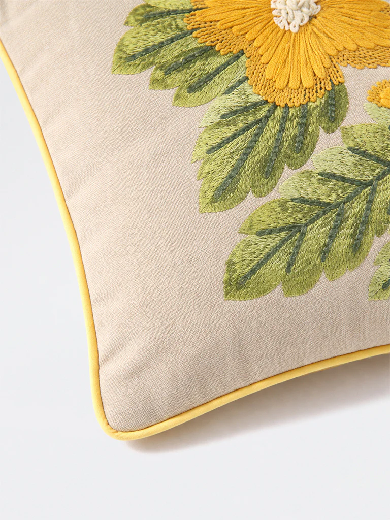 Westside Home Yellow Floral Embroidered Detailed Cushion Cover - Image 3