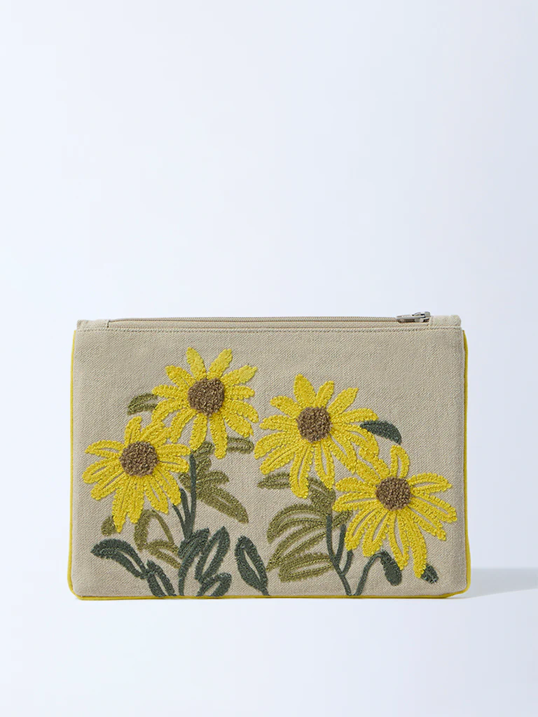 Westside Home Yellow Floral Embroidered Pouch