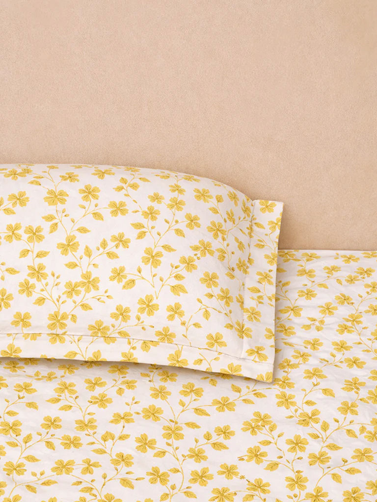 Westside Home Yellow Floral Printed King Bed Sheet Set