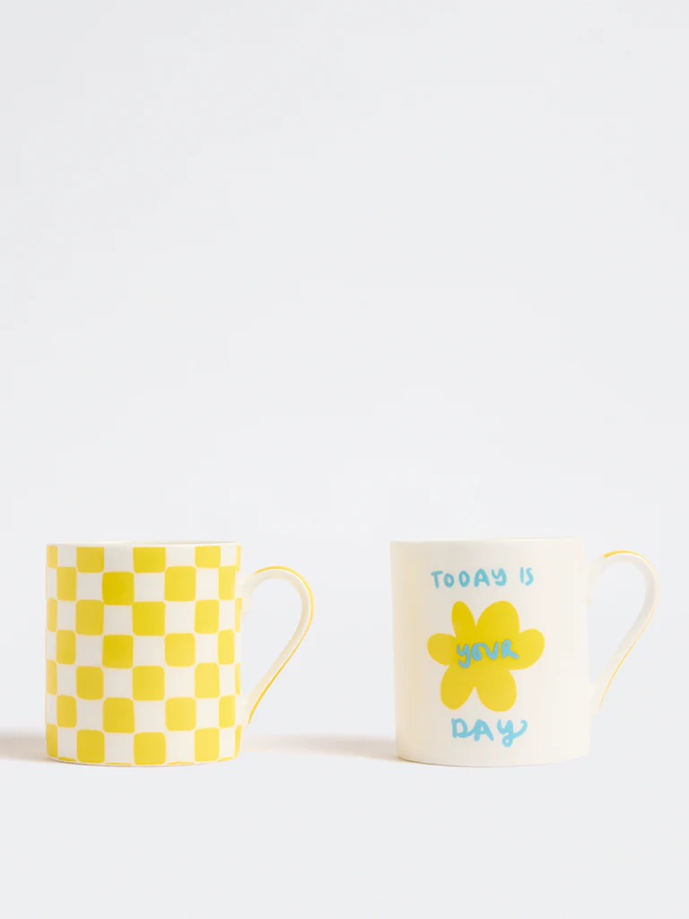 Westside Home Yellow Printed Mugs (Set of 2)