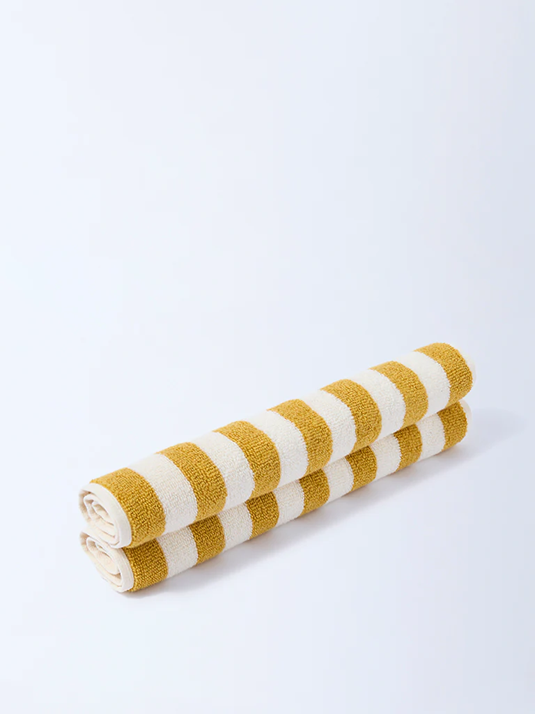 Westside Home Yellow Stripe Pattern Face Towel (Set of 2) - Image 2