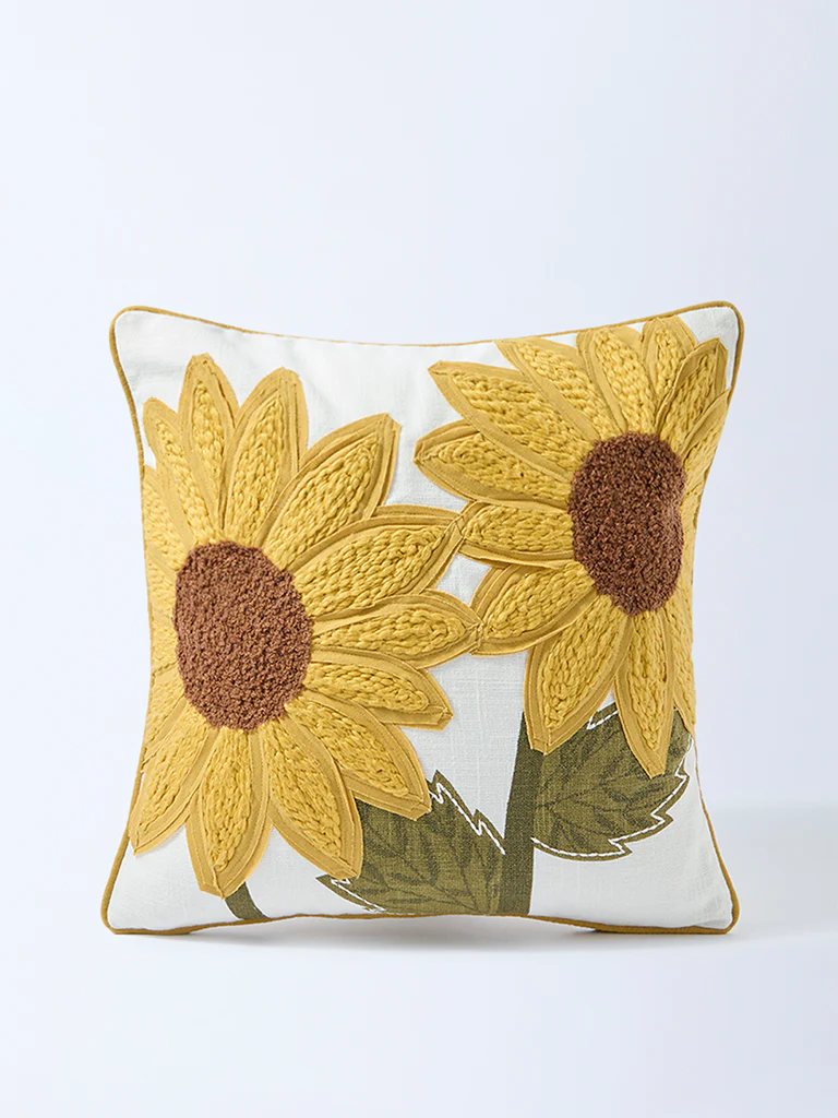 Westside Home Yellow Sunflower Embroidered Cushion Cover