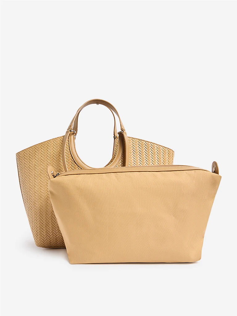 Westside Mustard Woven Textured Handbag with Pouch - Image 3