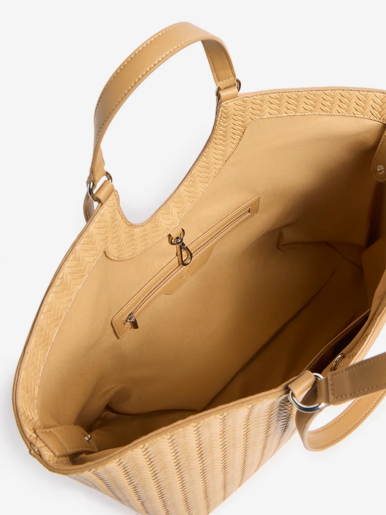 Westside Mustard Woven Textured Handbag with Pouch - Image 4