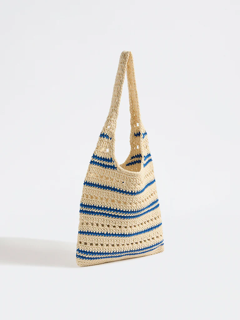 Westside Off-White and Blue Striped Crochet Design Tote Bag - Image 2