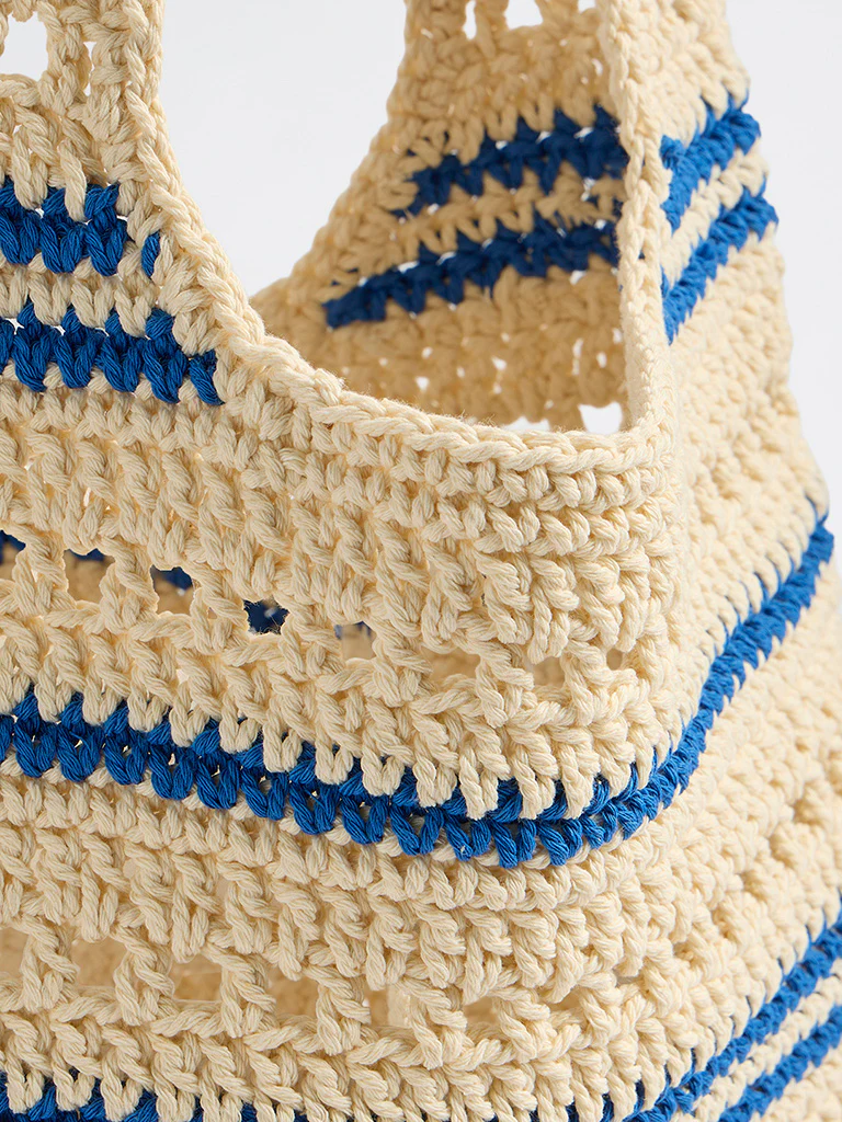 Westside Off-White and Blue Striped Crochet Design Tote Bag - Image 3