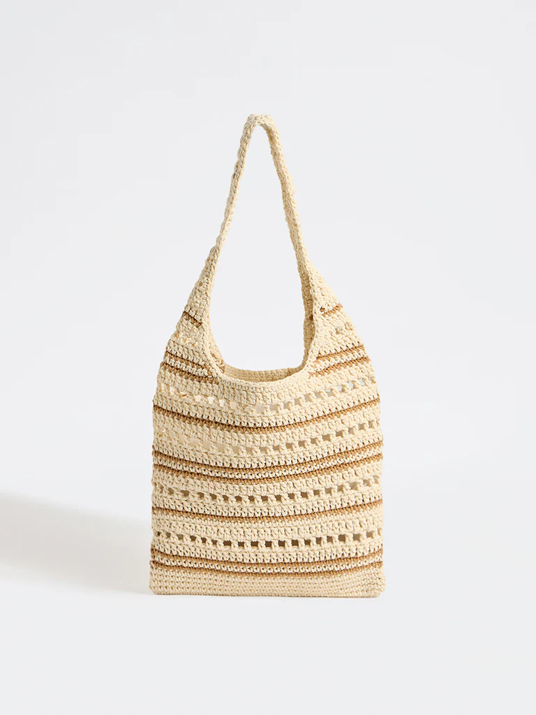 Westside Off-White and Brown Striped Crochet Design Tote Bag