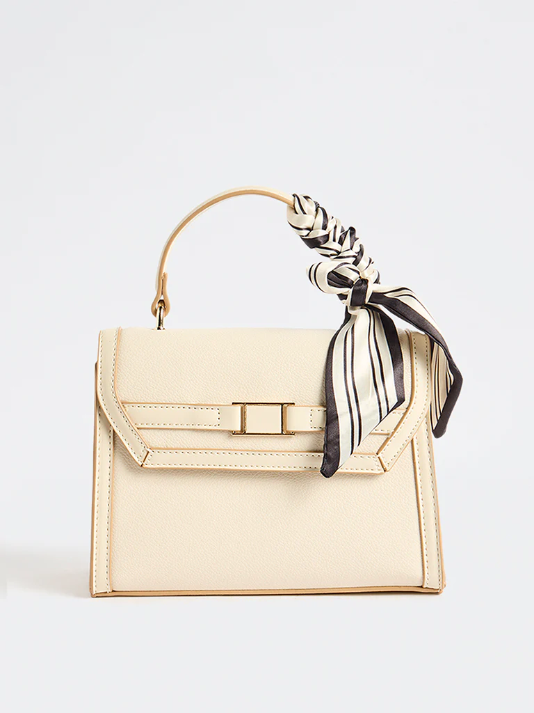 Westside Off-White Textured Satchel Bag with a Scarf