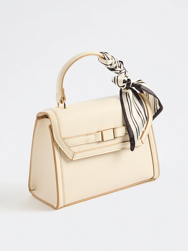 Westside Off-White Textured Satchel Bag with a Scarf - Image 2